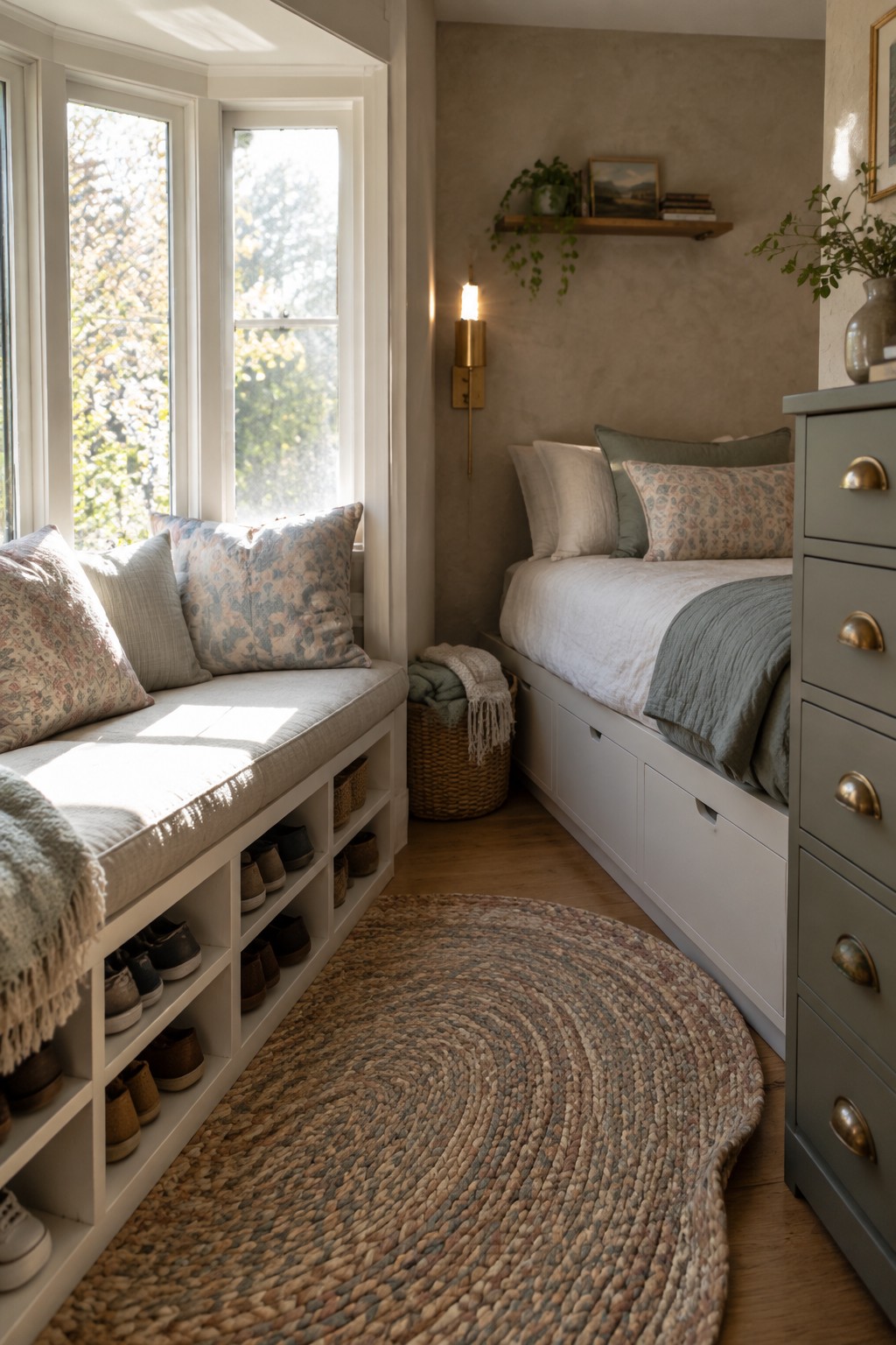 Cozy sunlit nook with window seat, storage bed, woven rug, and gray dresser.