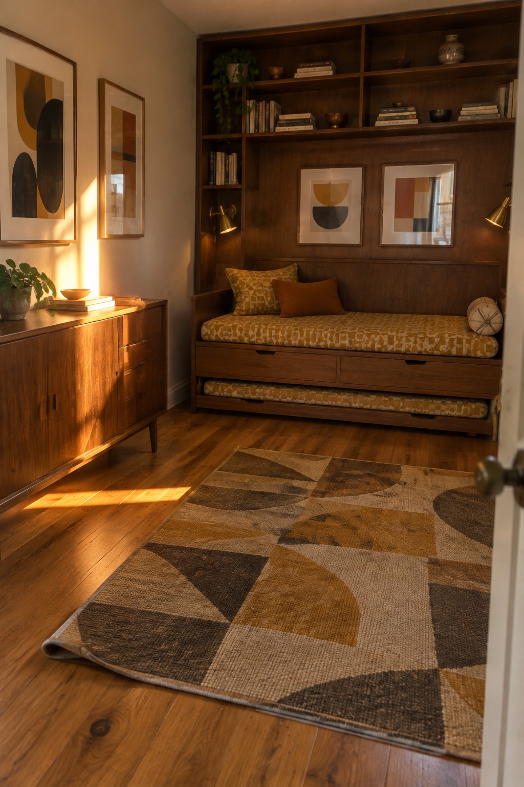 Sunlit mid-century room with built-in wooden daybed, trundle, bookshelves, abstract art, and patterned rug.