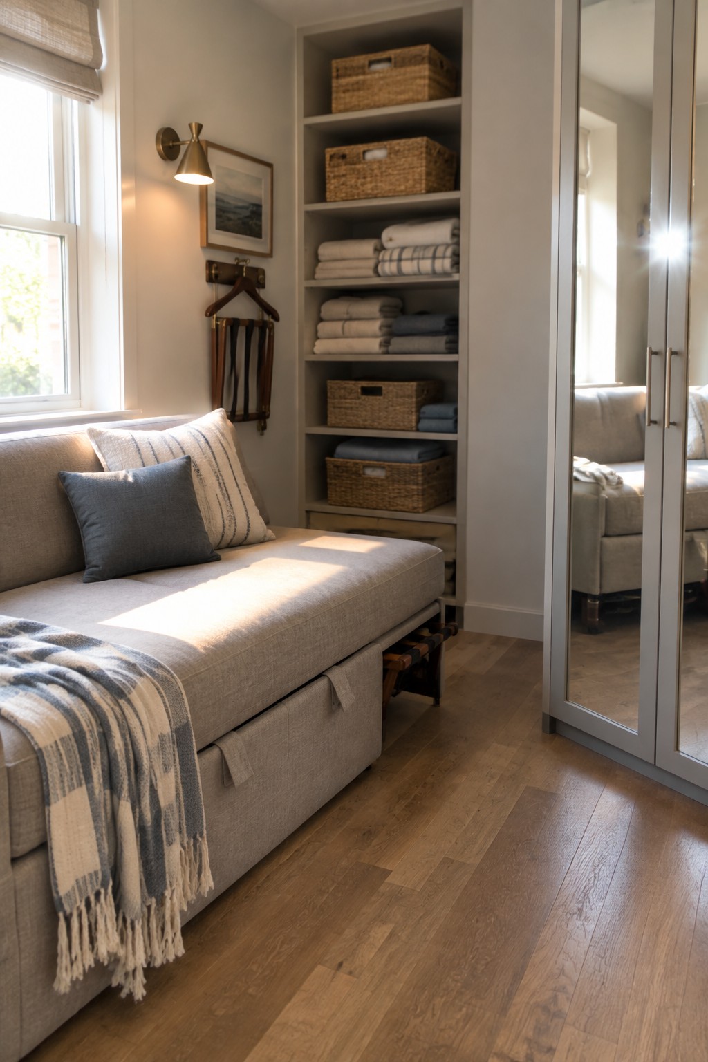 A light gray daybed with under-storage sits beside a tall built-in shelving unit holding woven baskets and stacks of folded towels in a room with wood flooring and a window.