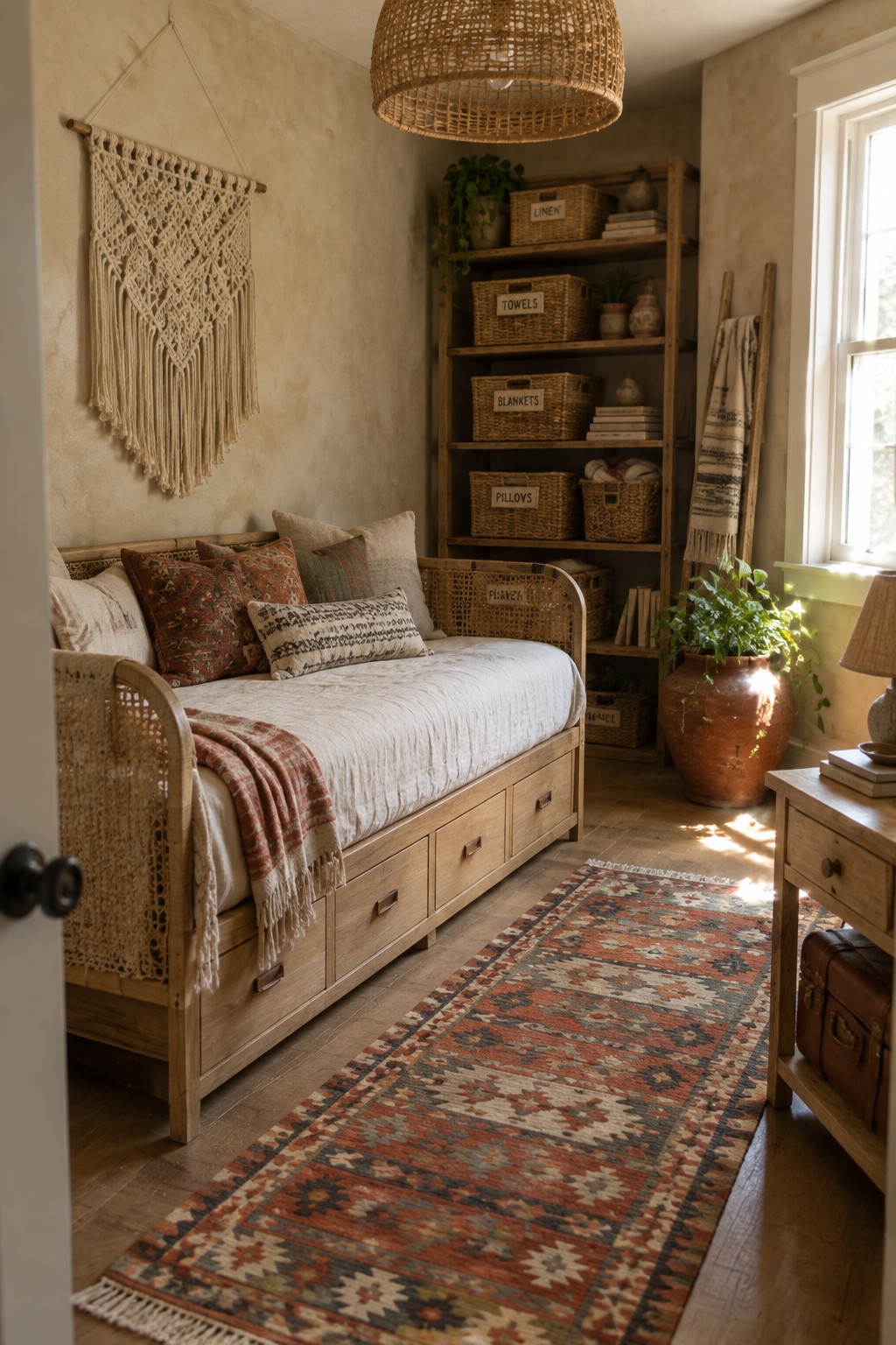 A light wood daybed with three storage drawers underneath sits in a bedroom beside a tall wooden shelf unit holding labeled woven baskets.