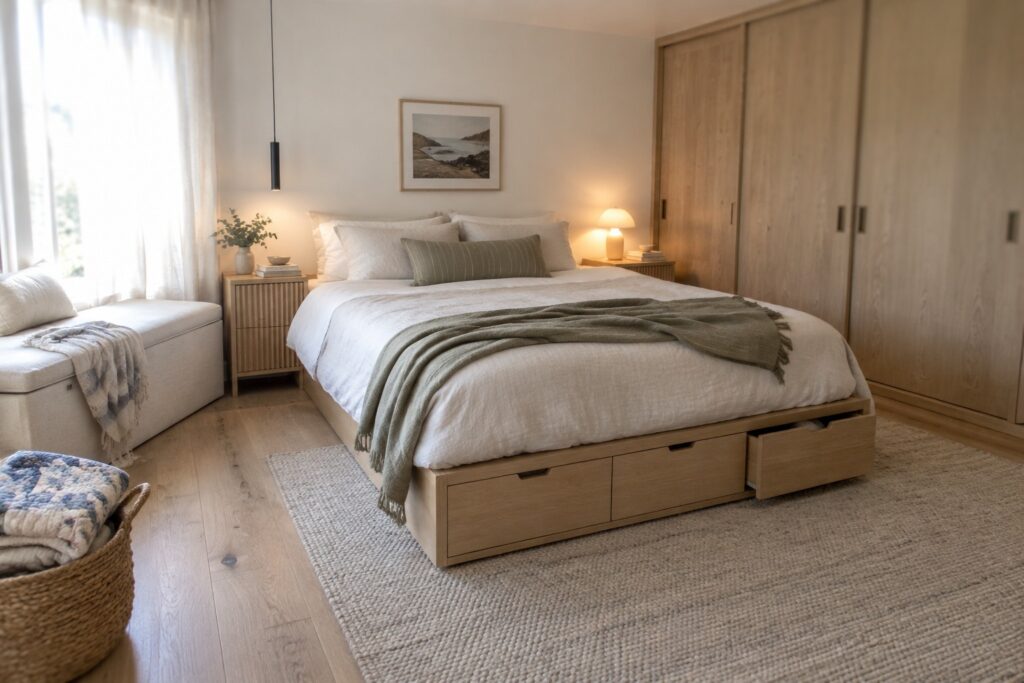 19 Guest Bedroom Furniture Ideas Designed for Flexible Storage A light wood bed with multiple built-in storage drawers underneath sits on a large woven rug in a bedroom with white bedding and oak furniture.
