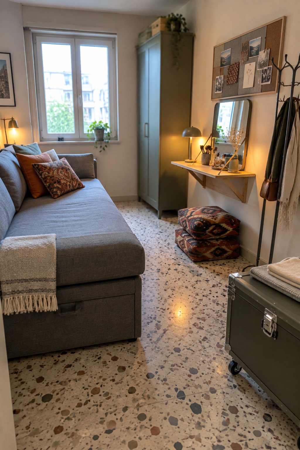 A room with a gray sofa bed, two stacked patterned ottomans, a rolling green trunk, a wall-mounted vanity shelf with mirror, and a tall green wardrobe on a terrazzo floor.
