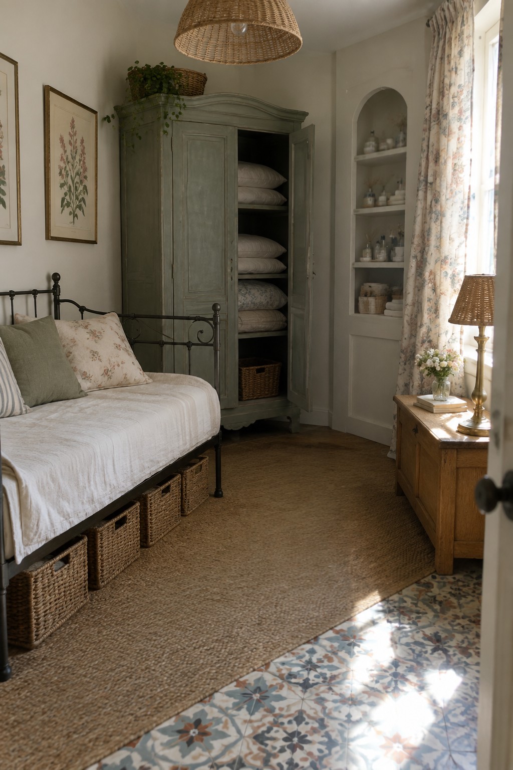 A bedroom interior showing a green armoire with open doors displaying stacked white linens on shelves, a metal bed frame with pillows, wicker baskets underneath the bed, and patterned tile flooring.