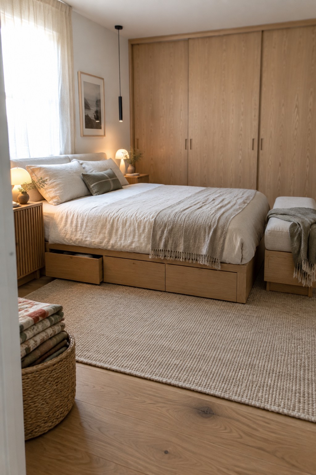 A light wood bed with multiple built-in storage drawers underneath sits on a large woven rug in a bedroom with white bedding and oak furniture.
