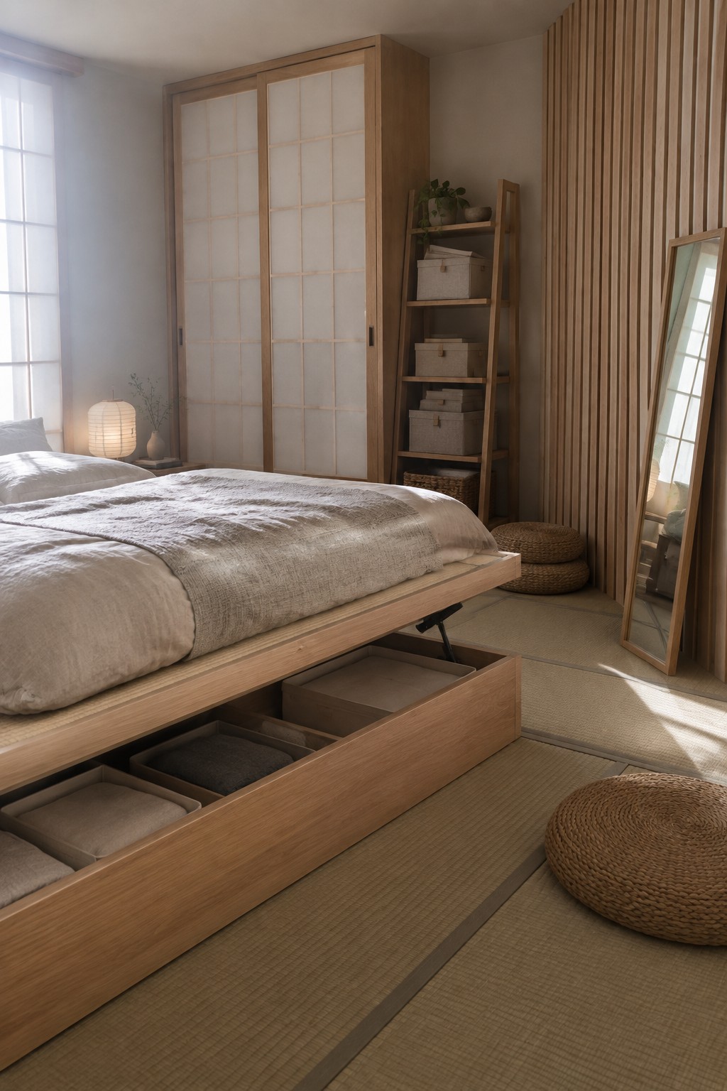 Minimalist Japanese bedroom with low wooden bed, open storage drawers, and tatami mats.