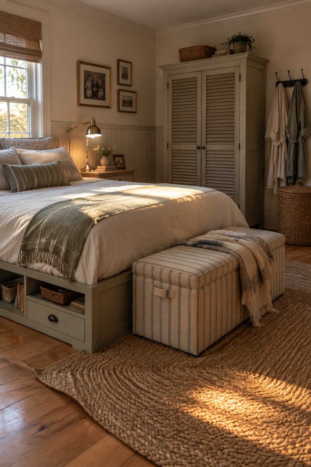 A bedroom with a bed featuring under-bed storage drawers and cubbies, a striped storage ottoman at the foot of the bed, and a tall wardrobe against the wall.