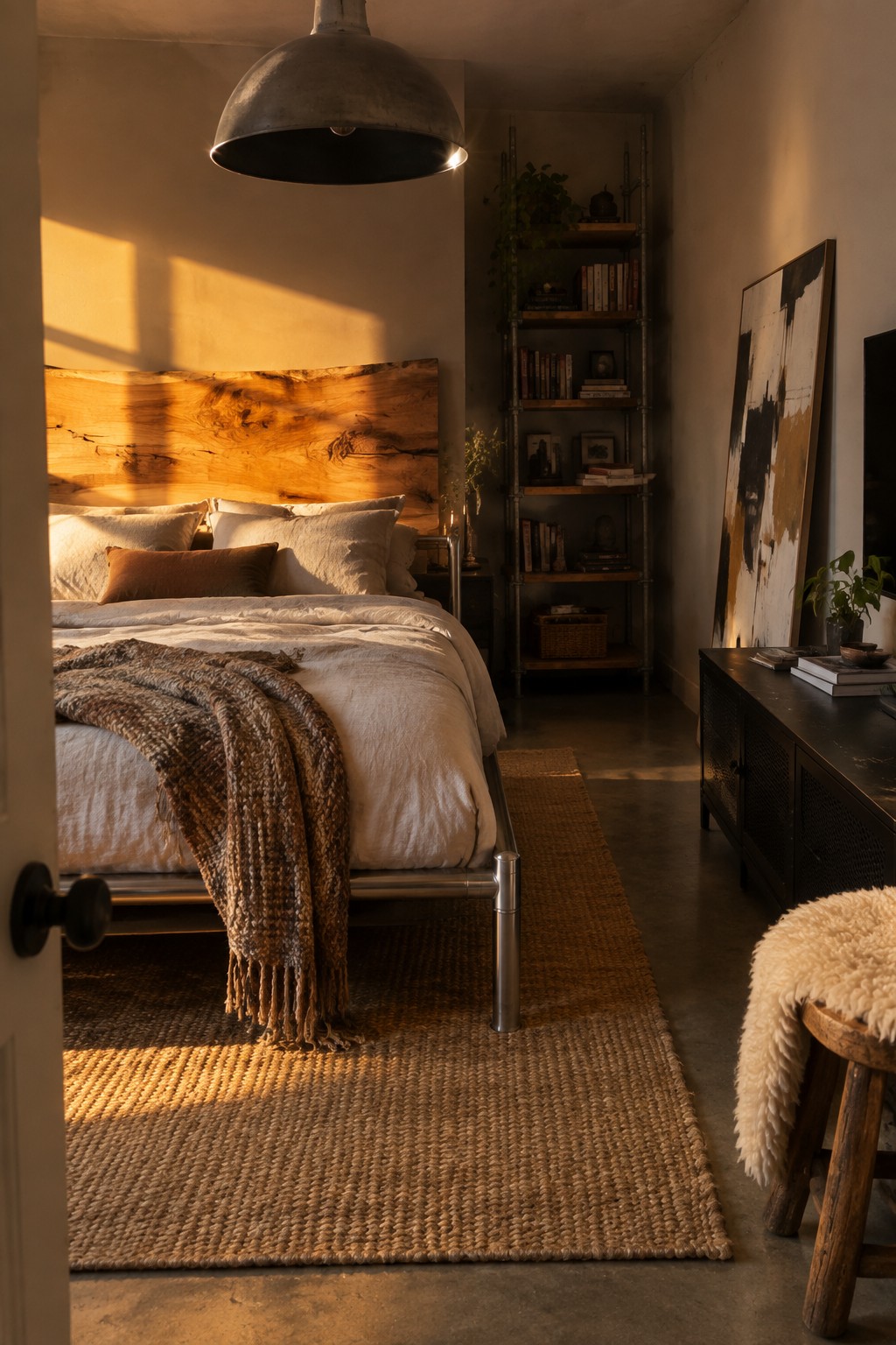 A bedroom featuring a metal bed frame with a large wooden headboard, white linens, a woven throw, and a tall metal shelving unit along the wall.