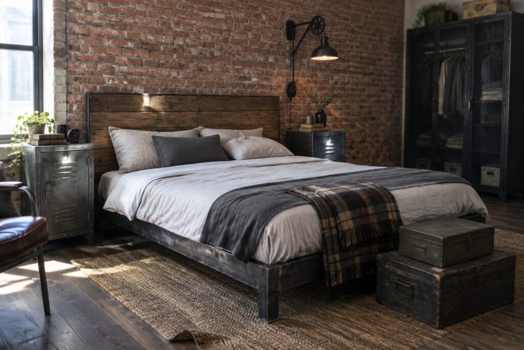 A bedroom featuring a bed with a dark metal frame and wooden headboard positioned against a red brick wall, with metal nightstands and stacked wooden trunks nearby.