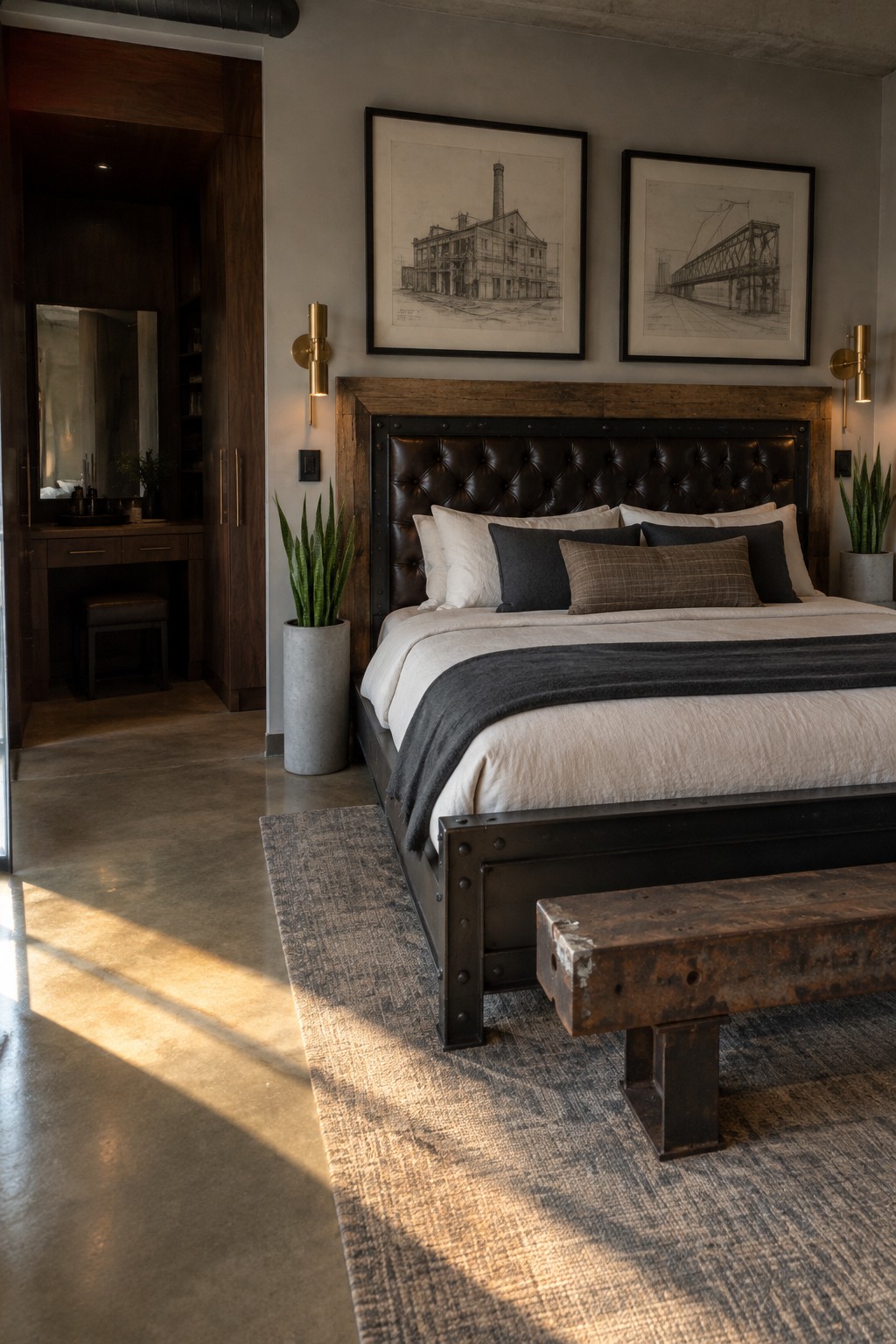 A bedroom featuring a large bed with a tufted dark leather headboard framed by wood and metal, a weathered metal bench at the foot of the bed, and two framed architectural sketches hanging above.