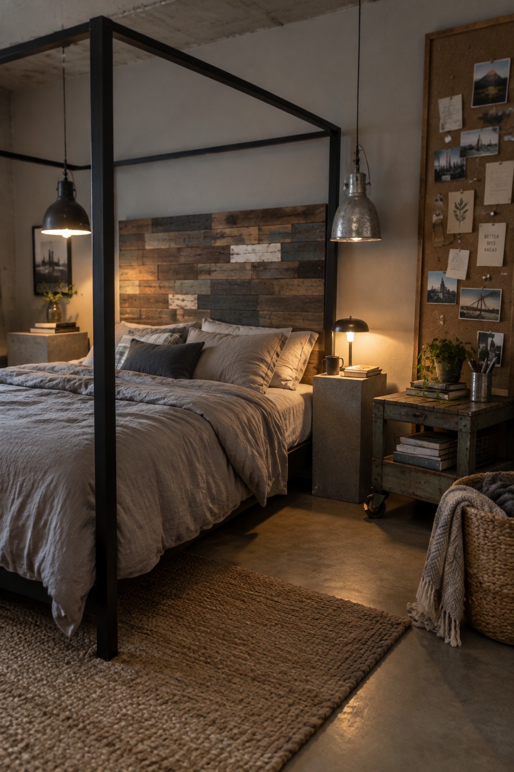A bedroom with a black metal four-poster bed, a multicolored wooden headboard, concrete nightstands, metal pendant lights, and a woven rug on a concrete floor.