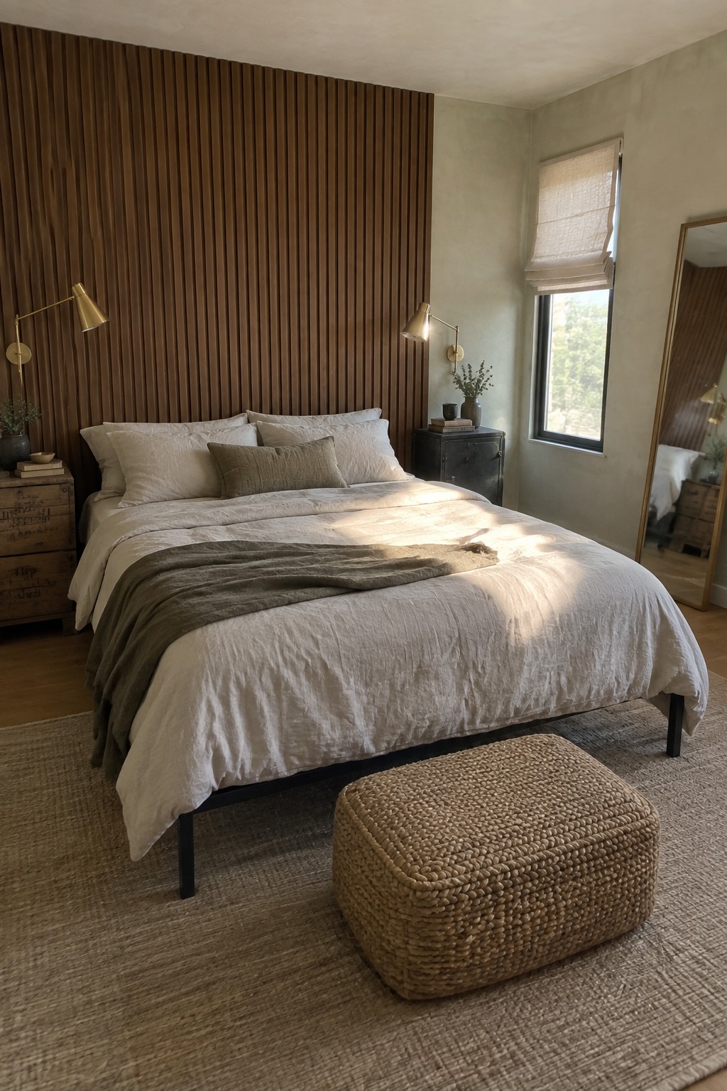 A bedroom with a bed on a black metal frame, white and olive bedding, a vertical wood slat wall behind it, wooden nightstands, and brass wall lamps.