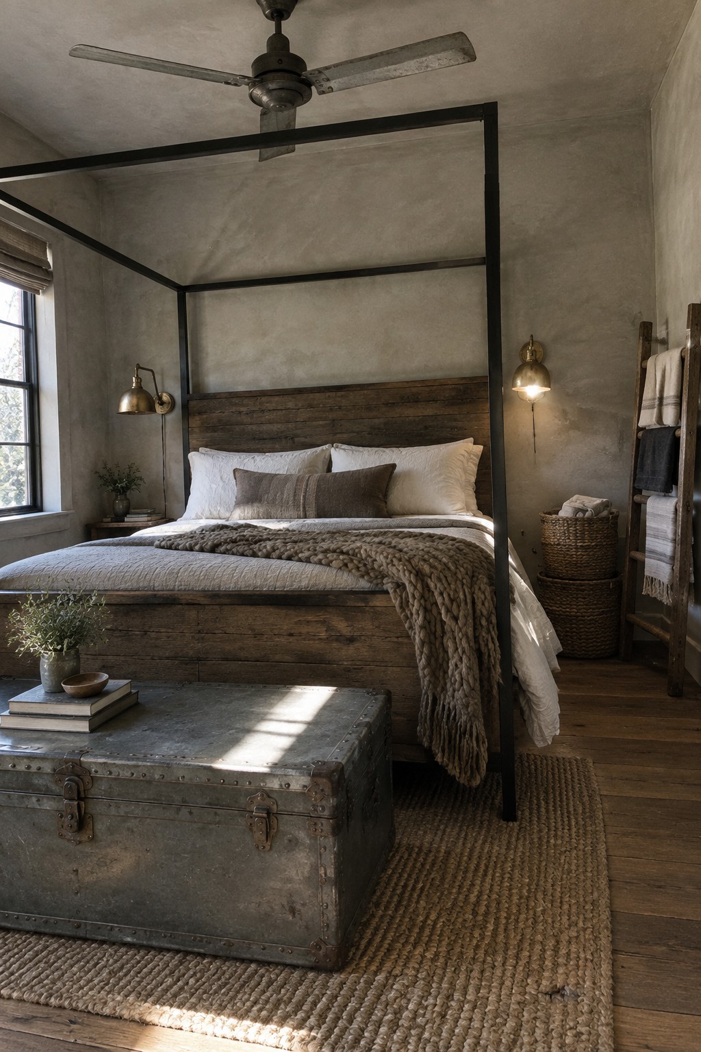 A bedroom with a black metal canopy bed featuring a wooden headboard, neutral bedding, a metal trunk at the foot of the bed, and a ceiling fan overhead.