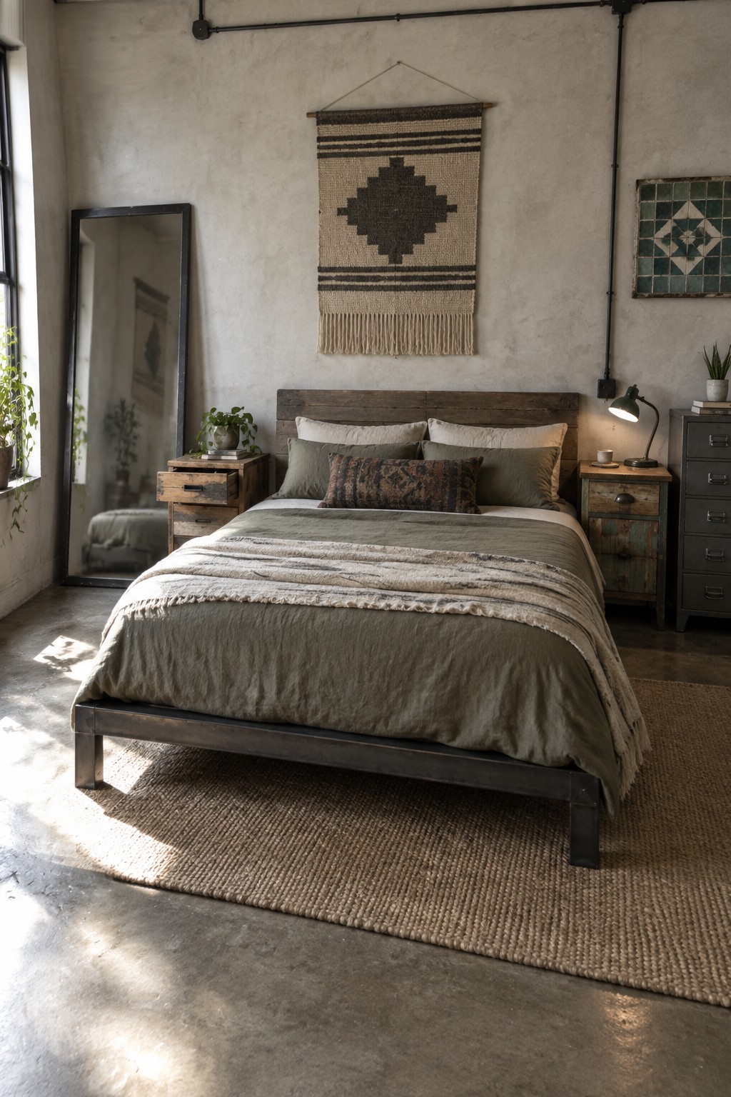 A bedroom featuring a bed with a dark metal frame and wooden headboard, green bedding, woven rug, and wooden nightstands against a concrete wall.