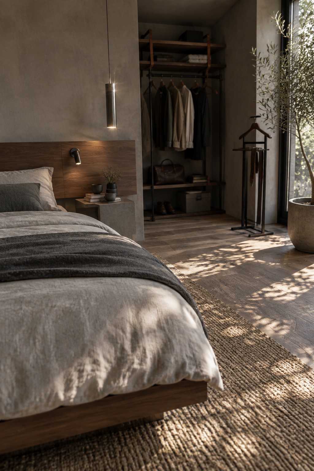 A modern bedroom with a low wooden bed, gray linen bedding, and an open metal clothing rack with wooden shelves set against concrete walls.