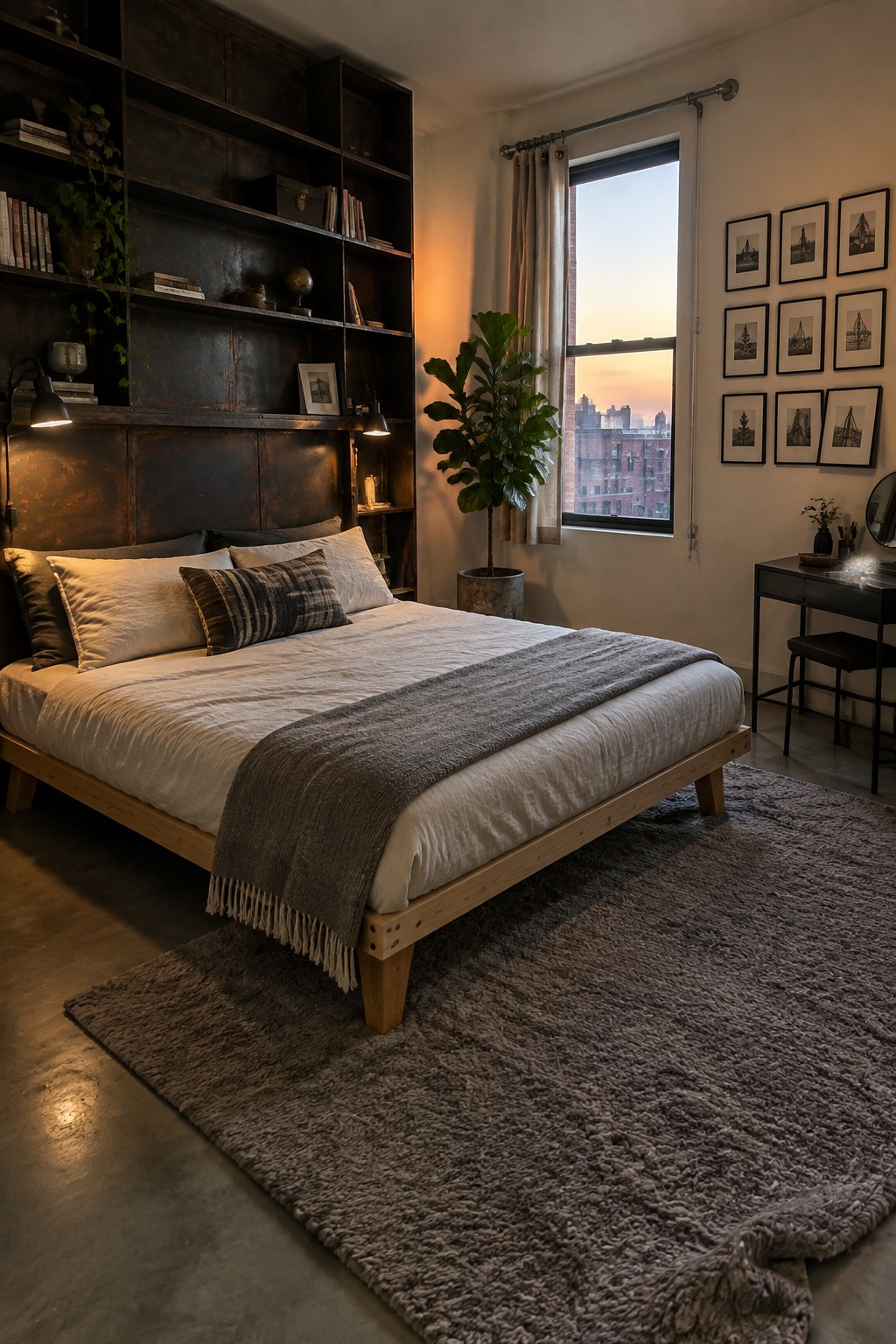 A bedroom featuring a light wood bed frame with white linens positioned in front of a large dark metal headboard and shelving unit, a fiddle leaf fig plant near the window, and framed pictures on the right wall.