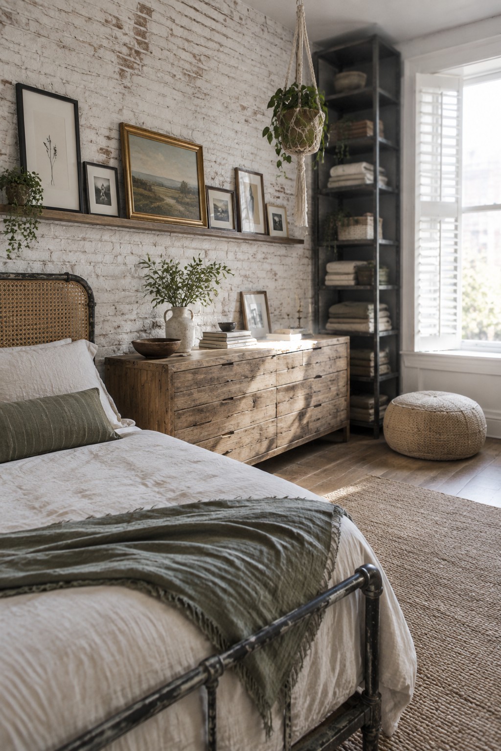 A bedroom featuring a black metal bed frame, a wooden dresser, tall metal shelving, and a white brick wall.