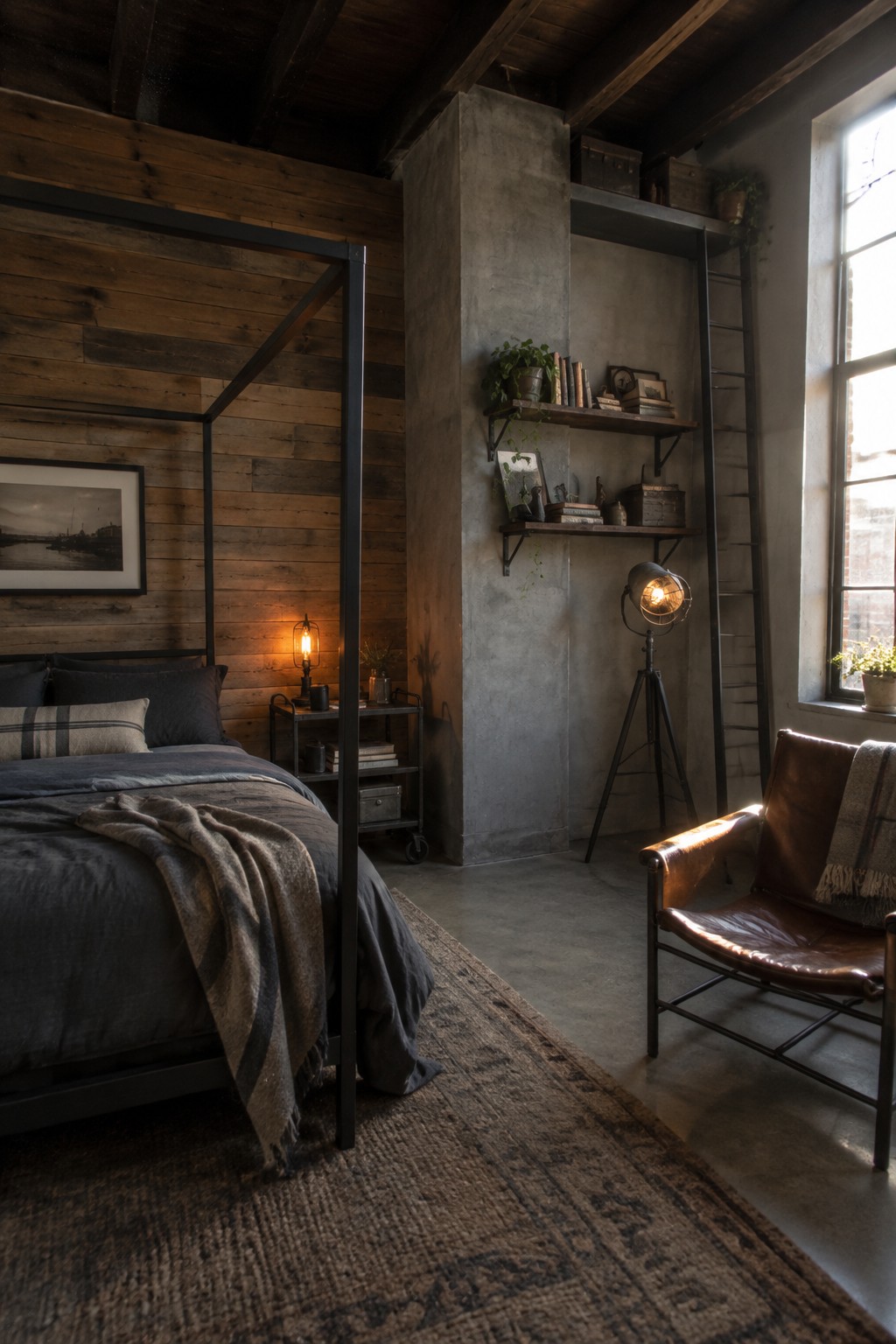 An industrial bedroom with a black metal four-poster bed, wooden plank wall, gray bedding, concrete pillar with shelves, brown leather chair, and large window.
