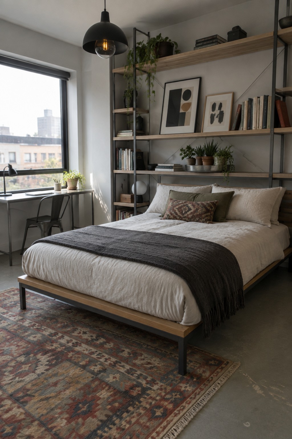 A bedroom with a low platform bed dressed in white and gray bedding, placed in front of a tall metal and wood shelving unit holding books, plants, and framed art, with a large window visible on the left.
