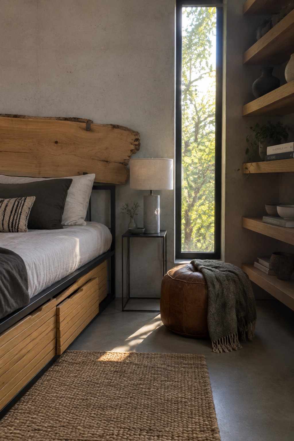 Modern bedroom with wooden bed, tall window, leather pouf, woven rug, and floating shelves.