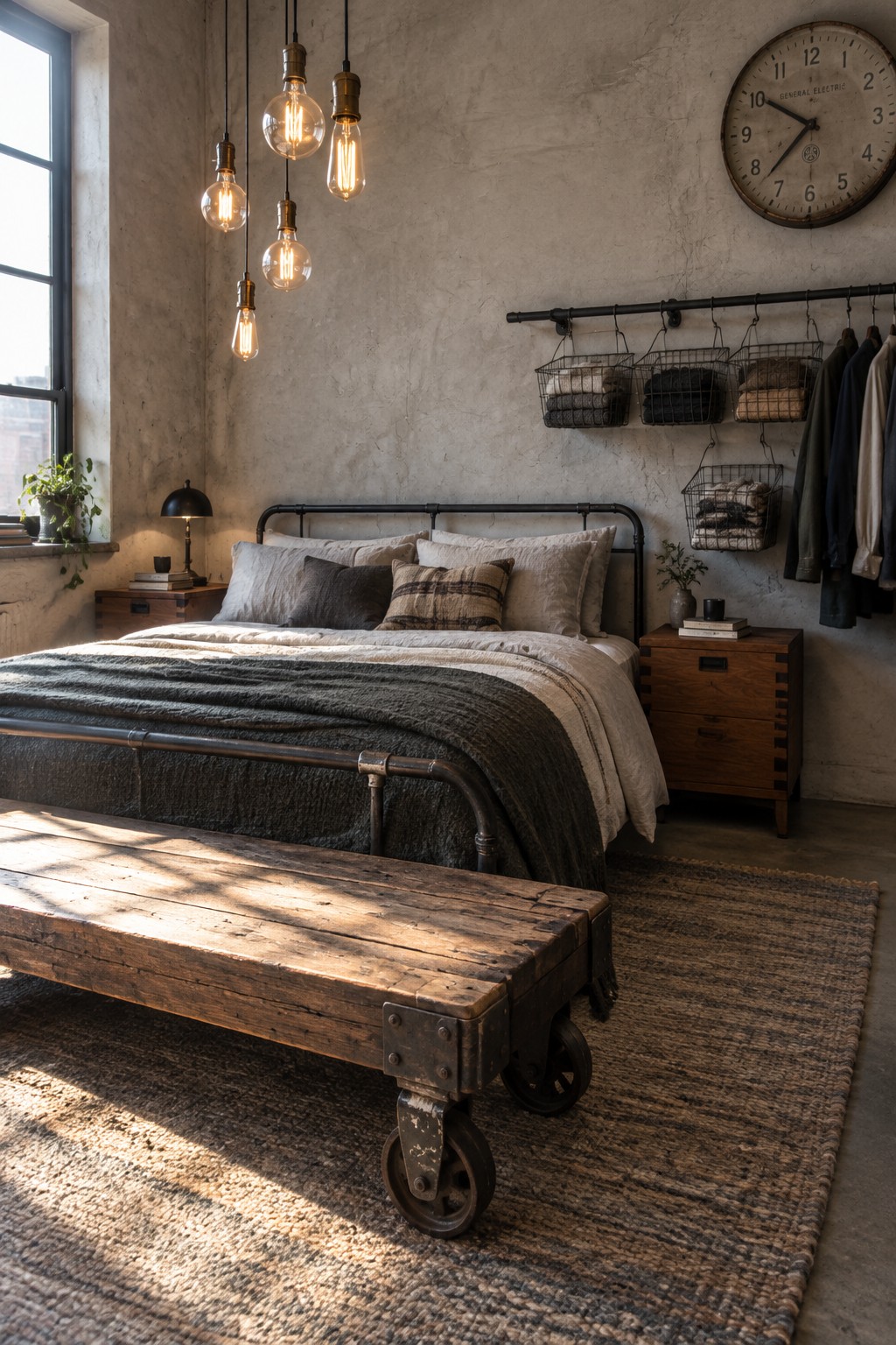 Industrial bedroom with metal bed, hanging Edison lights, wooden bench, and woven rug