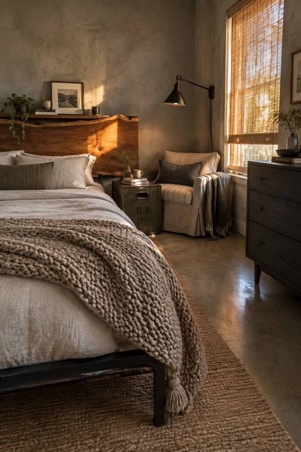 A bedroom with a black metal bed frame, large live-edge wood headboard, metal trunk nightstand, wall-mounted black lamp, and neutral bedding on a jute rug.