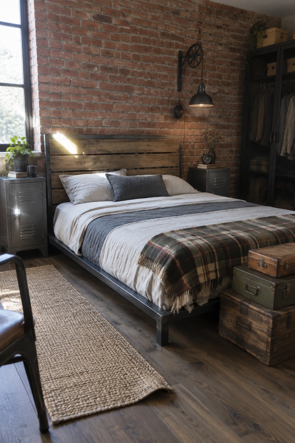 A bedroom featuring a bed with a dark metal frame and wooden headboard positioned against a red brick wall, with metal nightstands and stacked wooden trunks nearby.