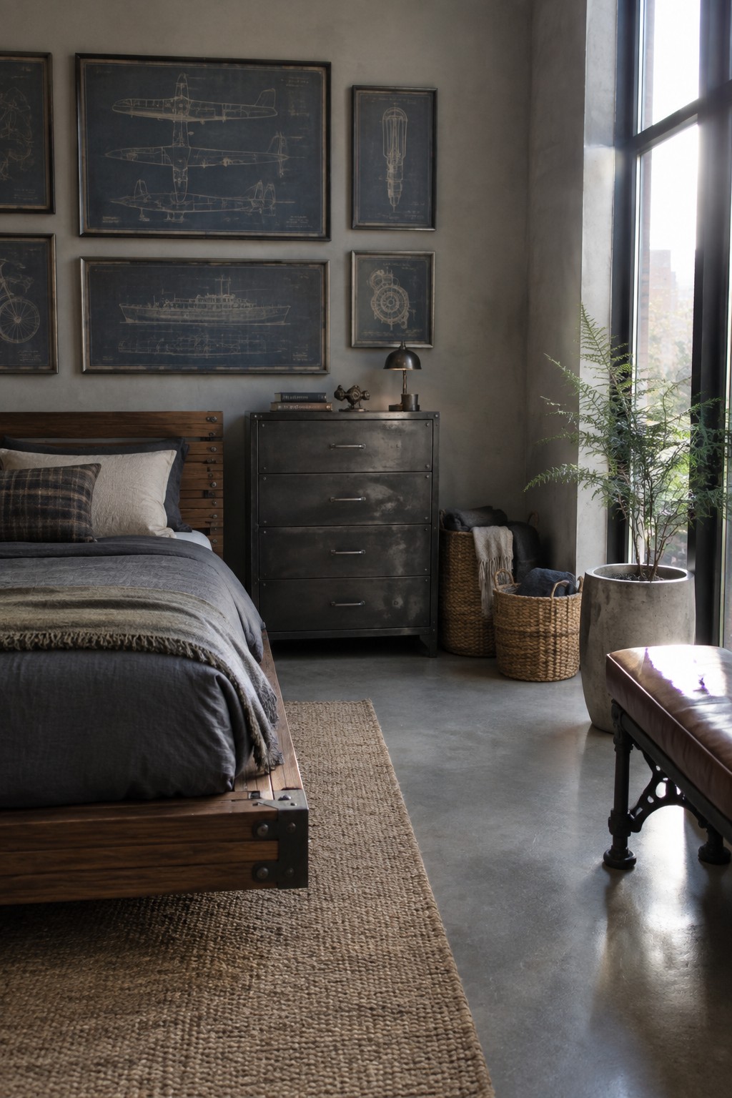 A bedroom featuring a wooden bed frame with a dark metal dresser against a gray wall, accompanied by blueprint-style wall art and woven baskets.