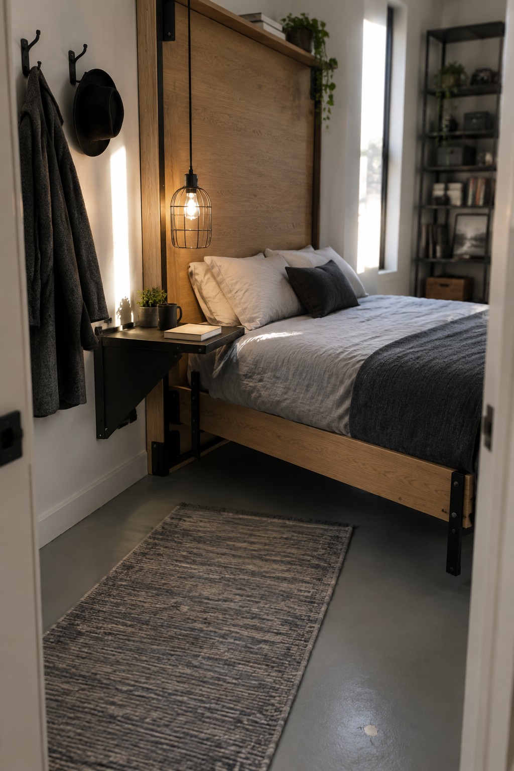 A bedroom with a wooden bed, metal and wood wall-mounted nightstand, black pendant light, and gray rug on concrete flooring.