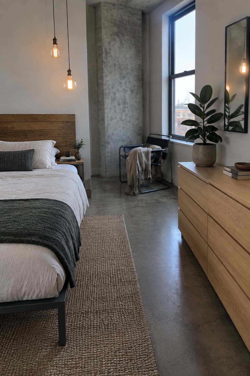 A bedroom with a wooden headboard bed on a woven rug beside a light wood dresser, pendant lights, and a large window.