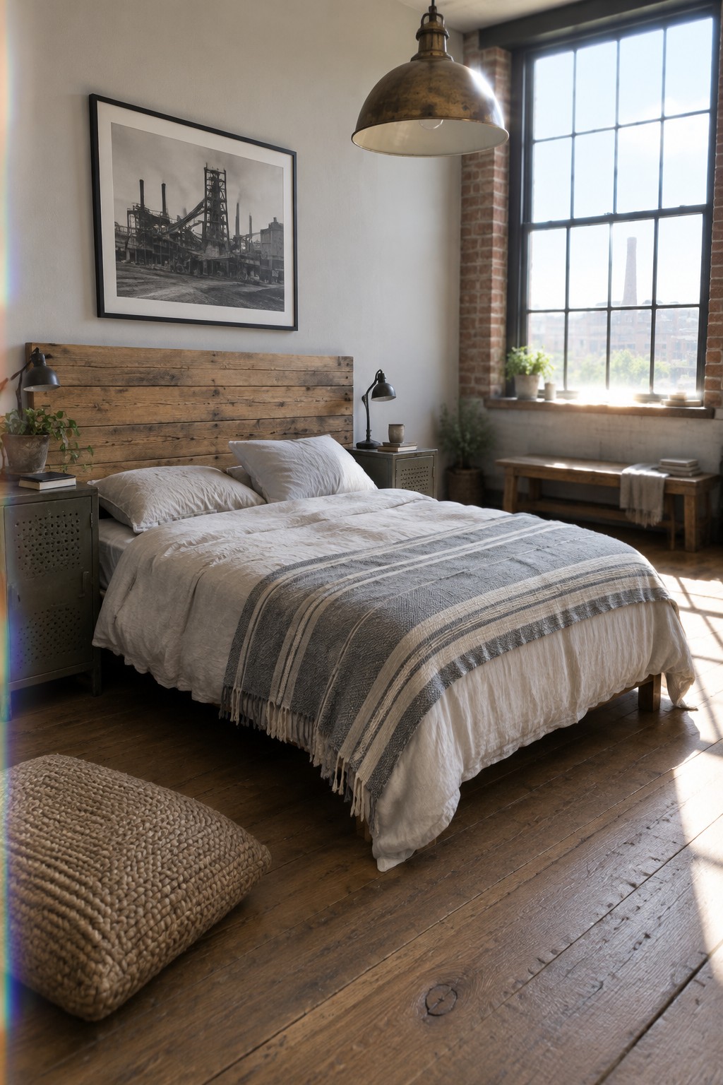 A bedroom with a large horizontal wood headboard, white bedding, a gray striped throw blanket, two metal nightstands, and an industrial pendant light.