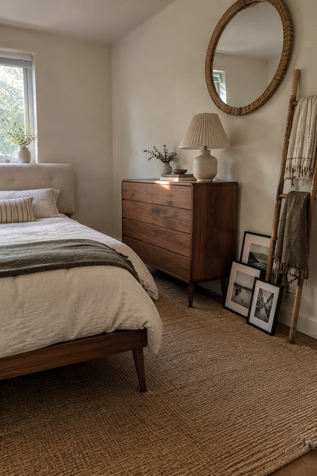 A minimalist bedroom shows a low wooden bed with white bedding and a green throw, a walnut dresser with several drawers holding a lamp and small vase, a round mirror on the wall, and framed photos leaning near a wooden ladder.