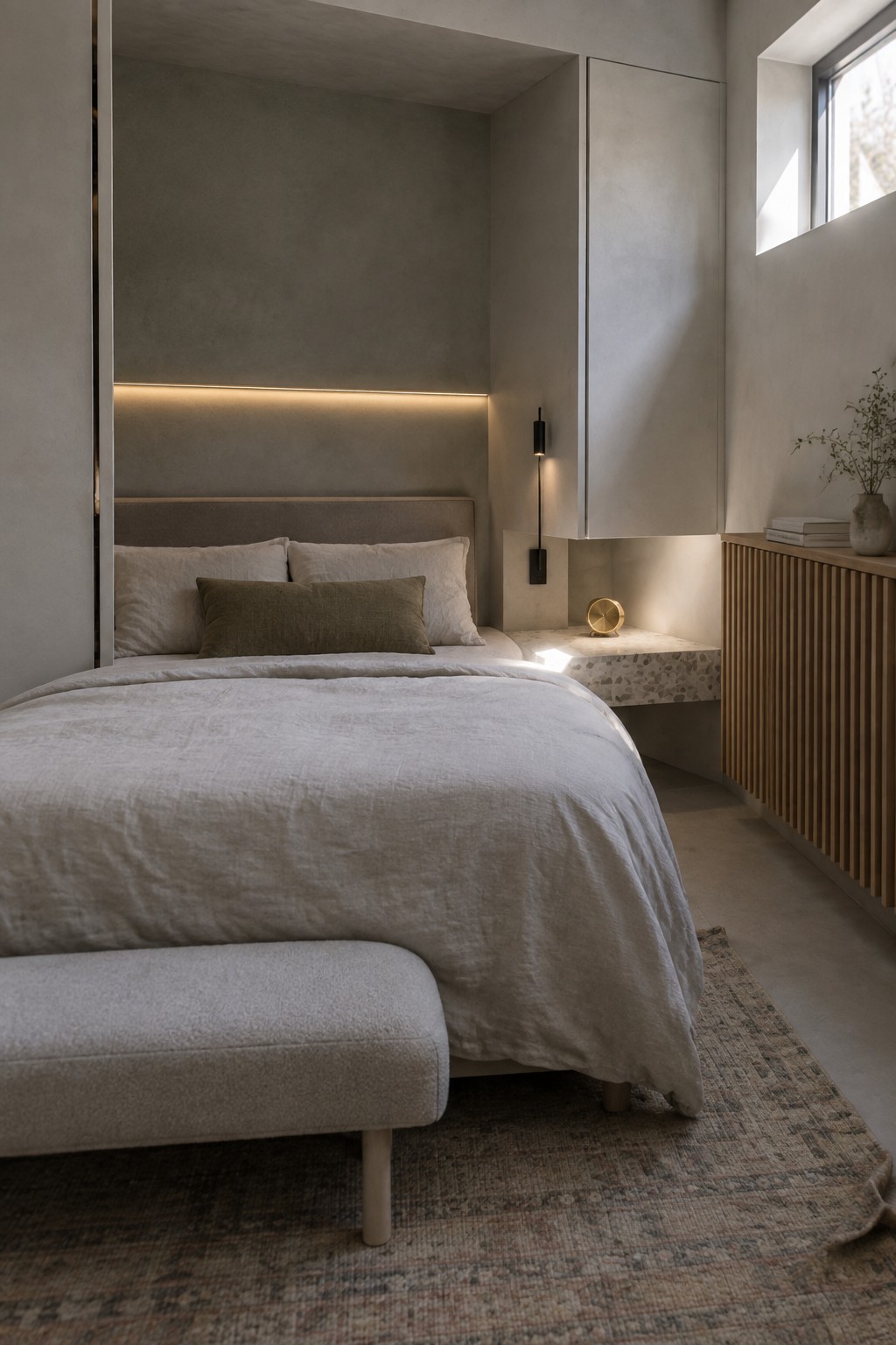 A minimalist bedroom with a bed set into a recessed alcove, featuring integrated overhead lighting, neutral bedding, and a small floating nightstand area.