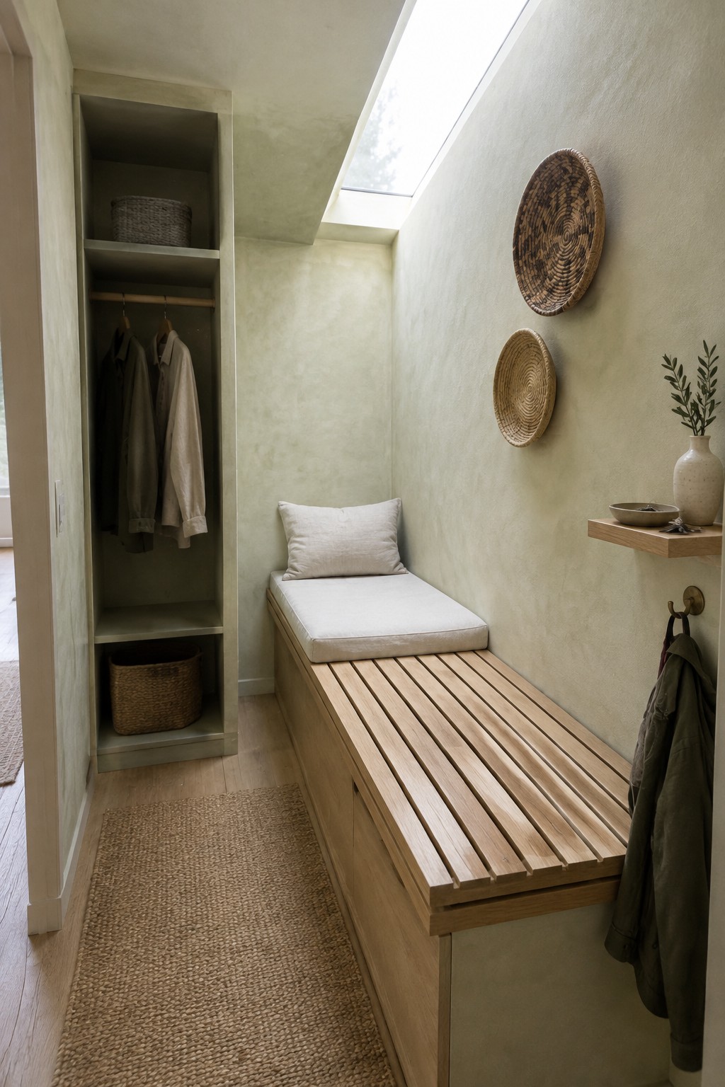 A narrow minimalist room with a long built-in wooden bench with slatted top and white cushion, an open closet with hanging clothes on the left, and woven baskets on wall shelves.