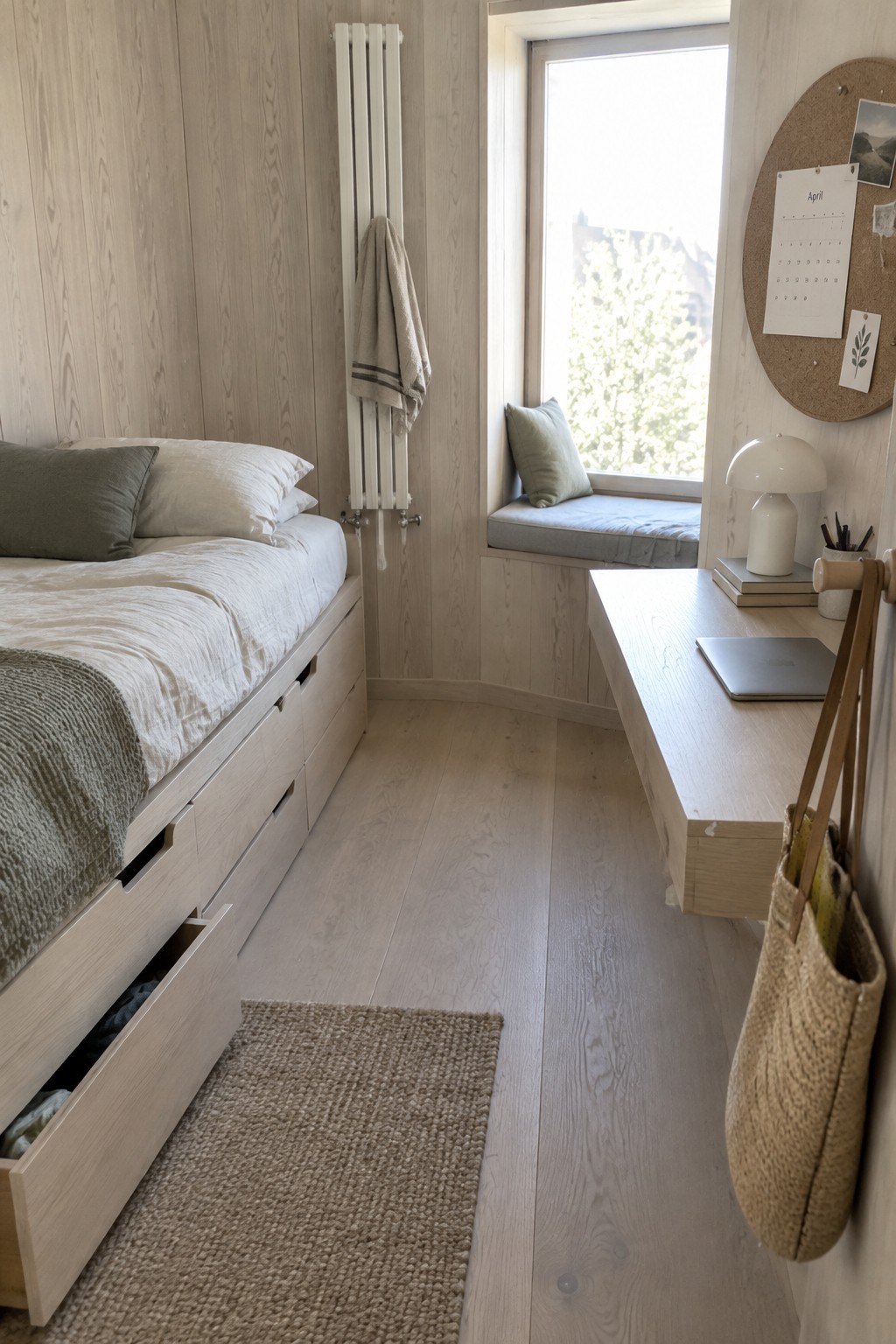 Minimalist light wood bedroom with storage bed, desk, window seat, and jute rug