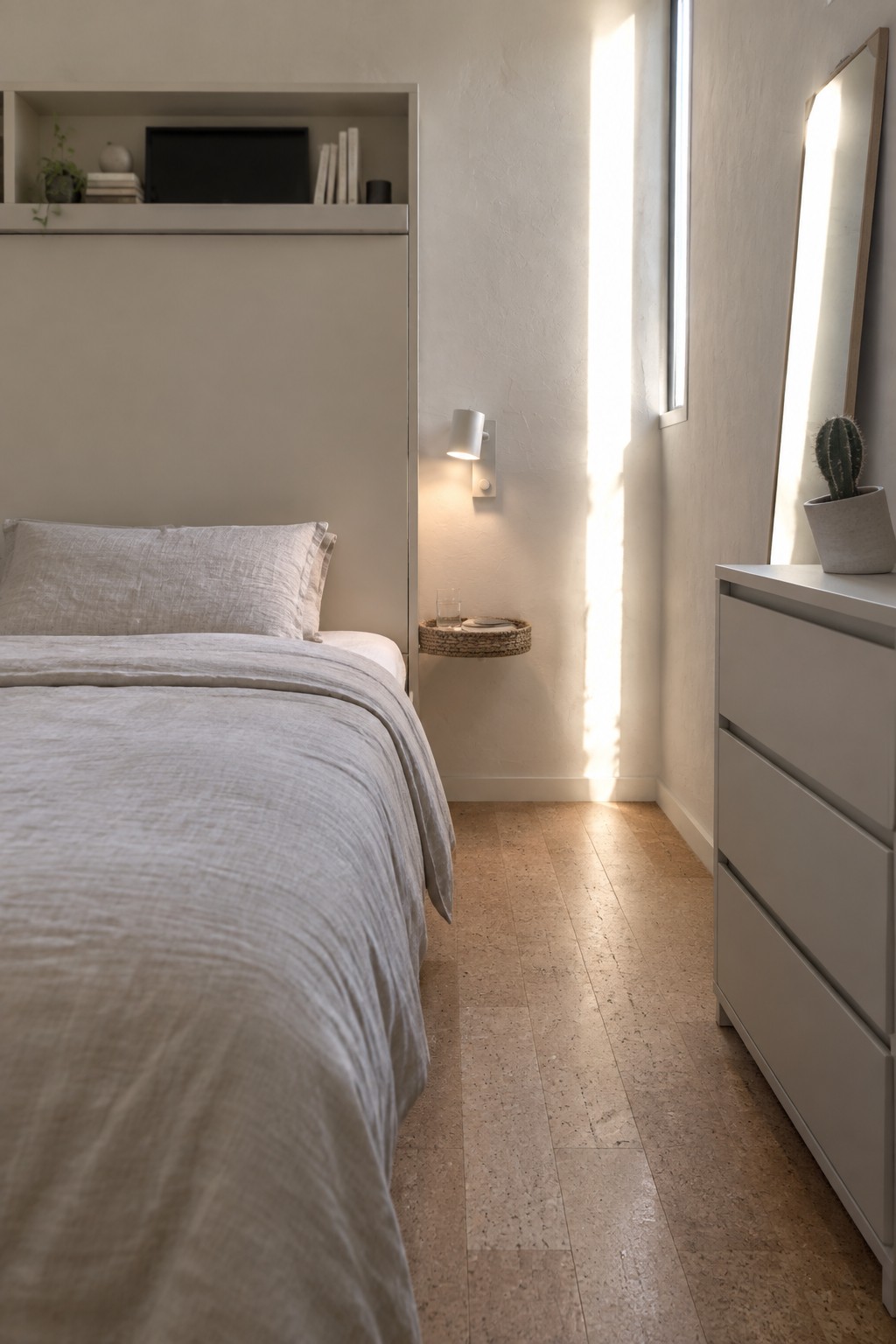 Minimalist bedroom with beige linens, wall sconce, sunlight beam, mirror, and white dresser.