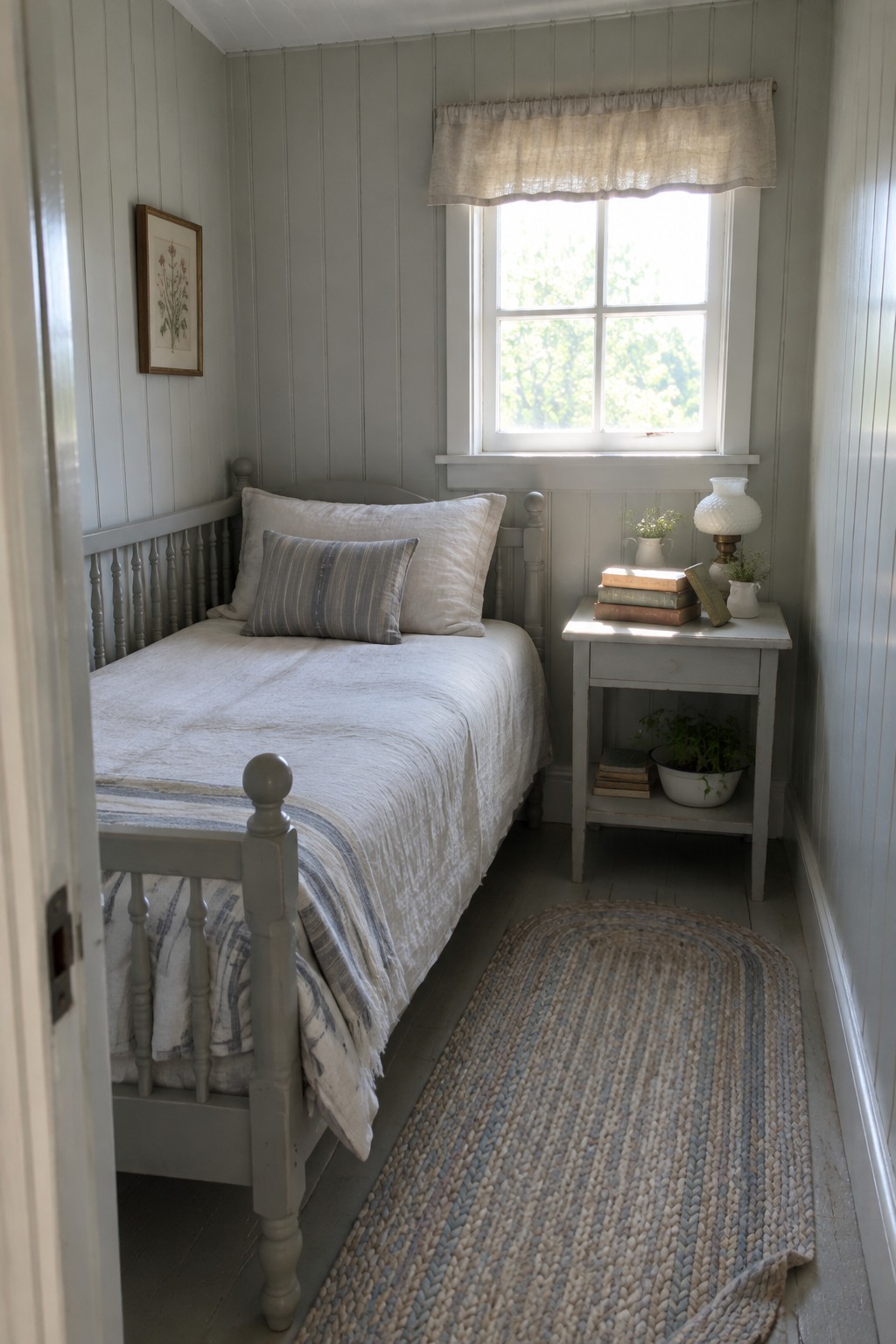 Cozy narrow bedroom with single bed, gray nightstand, woven rug, and sunlit window.