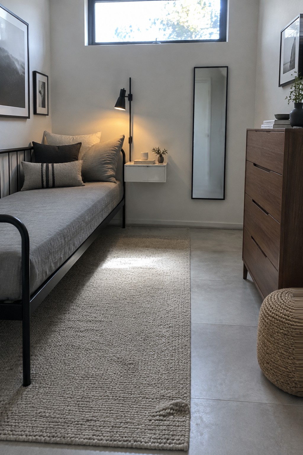 Minimalist bedroom with gray daybed, wooden dresser, tall mirror, and beige rug.