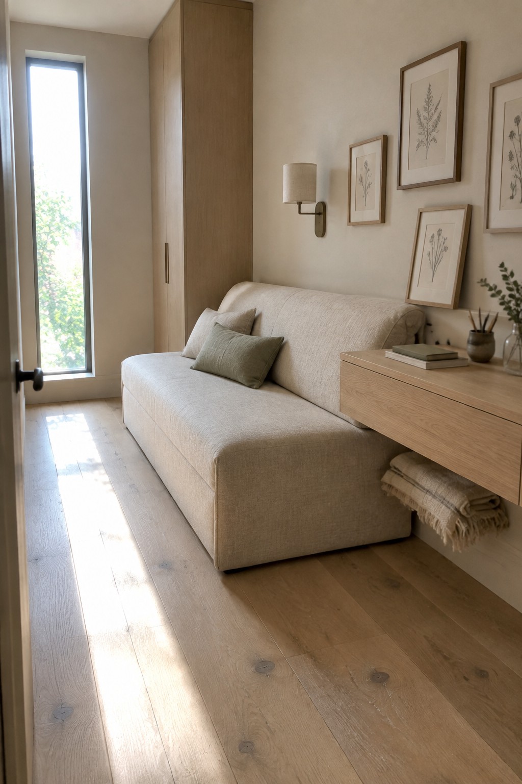 A narrow minimalist room with a beige fabric daybed sofa, light wood built-in cabinet, wall-mounted wooden desk, and several framed botanical prints on a neutral wall beside a tall window.