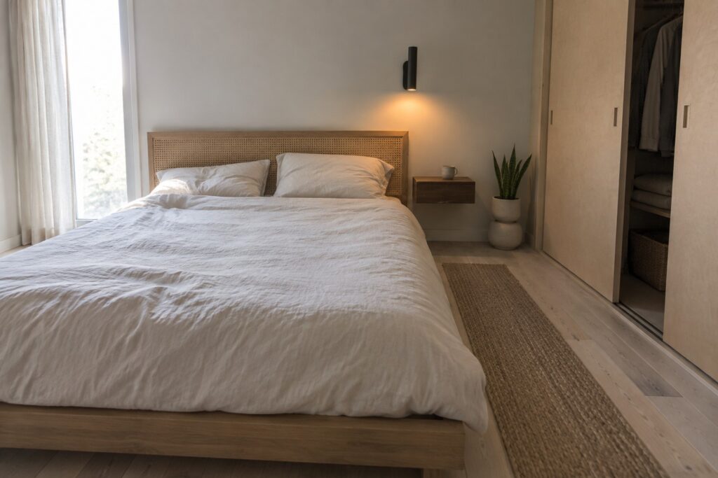 19 Minimalist Bedroom Furniture Ideas for Small Bedrooms A minimalist bedroom with a low wooden platform bed dressed in white linens, a woven cane headboard, a floating nightstand, and a tall light wood wardrobe along one wall.