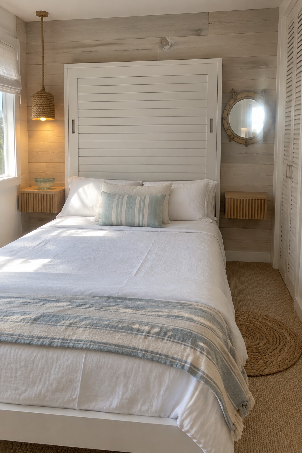 A bright minimalist bedroom with a large white bed, white linens, striped accent pillow, and two floating wooden nightstands mounted on light wood walls.