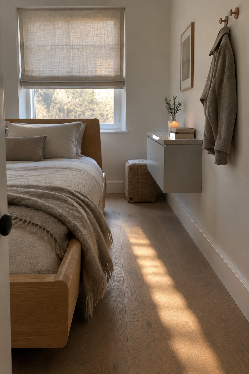 A narrow minimalist bedroom with a wooden bed on the left and a floating wall-mounted cabinet on the right, positioned below a window with a linen shade.