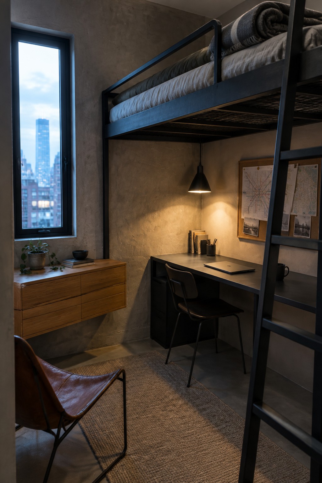 A small bedroom with a black metal loft bed above a dark desk, a window on the left showing city buildings, and a brown leather chair on a woven rug.