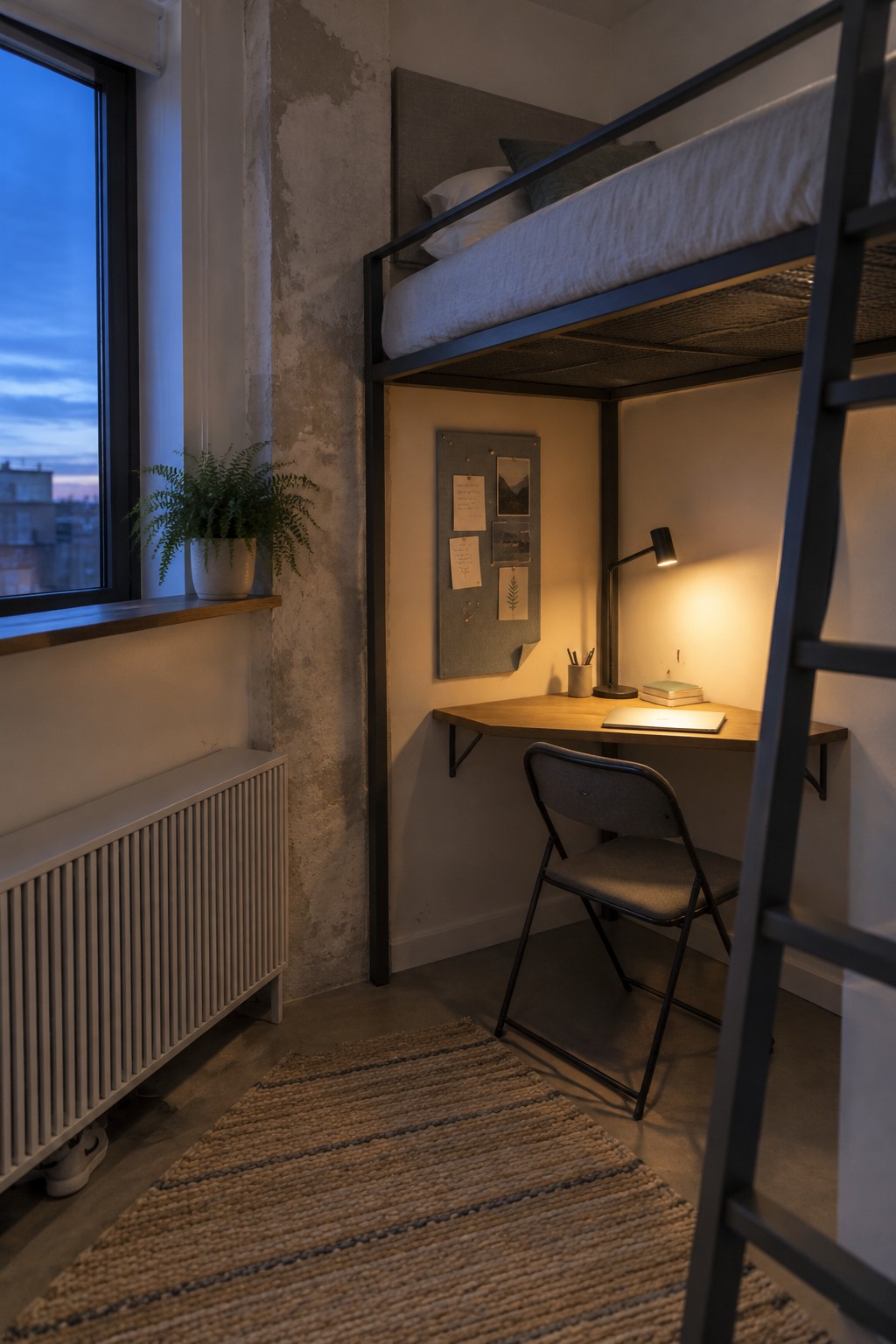 Loft bed above wooden desk with chair, lamp, corkboard, rug, and window at dusk.