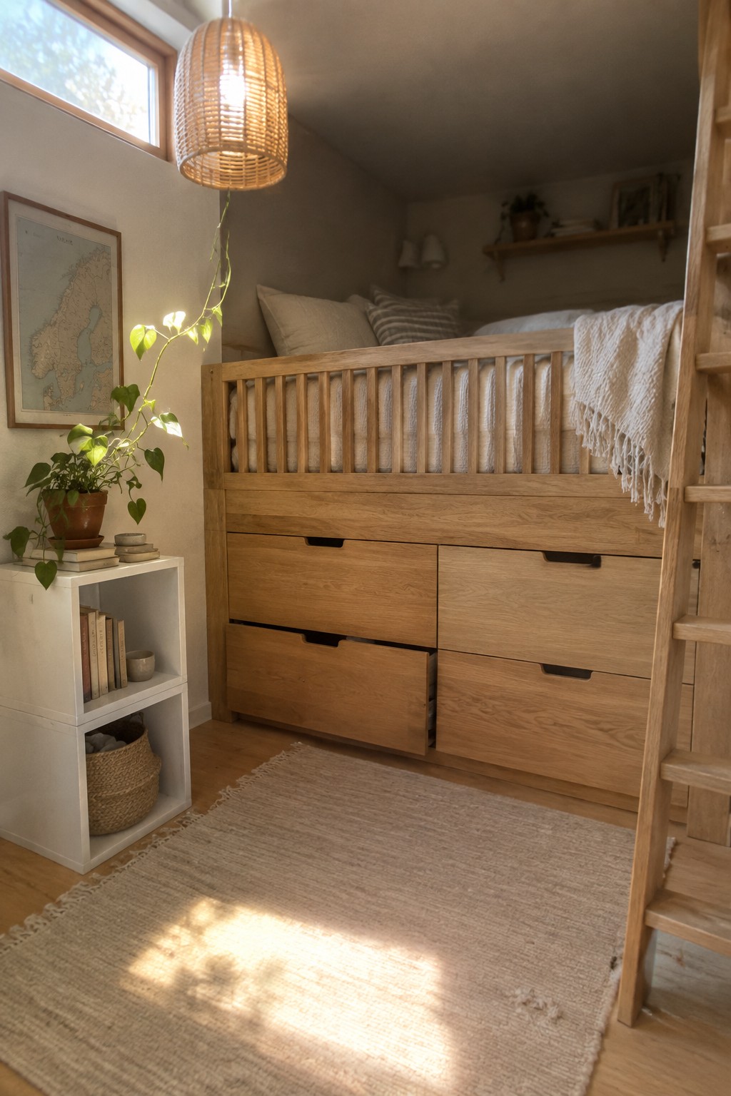 Cozy wooden loft bed with storage drawers, ladder, woven lamp, and plants in sunlit room
