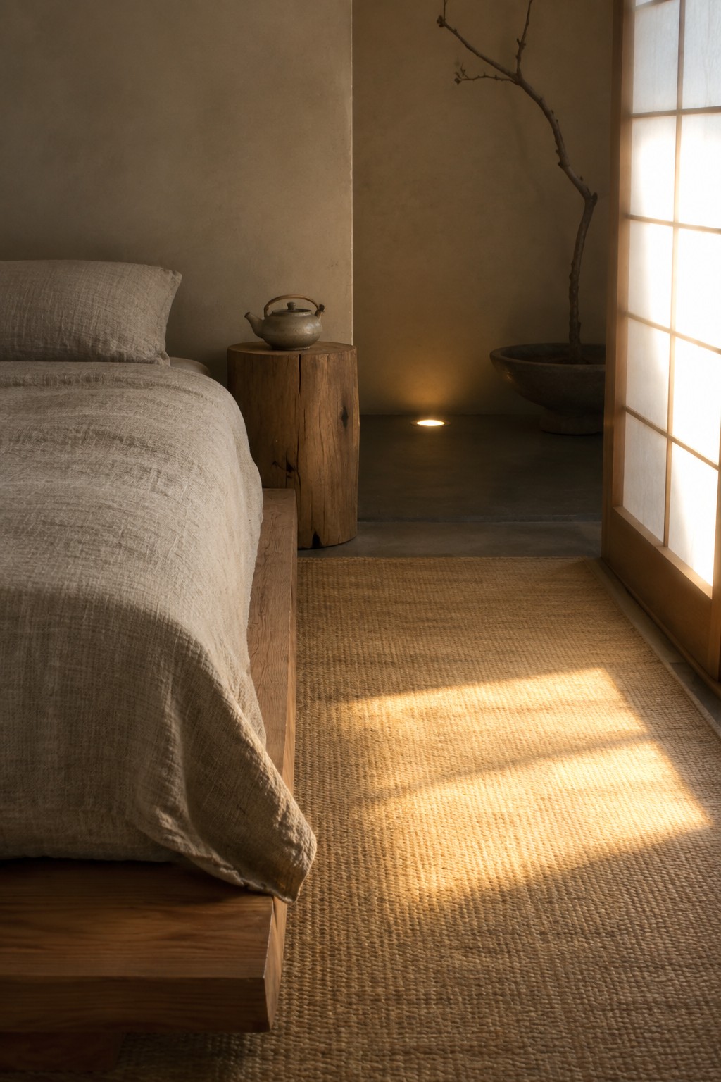 Sunlit minimalist bedroom with linen bed, wooden stump nightstand, and woven jute rug.
