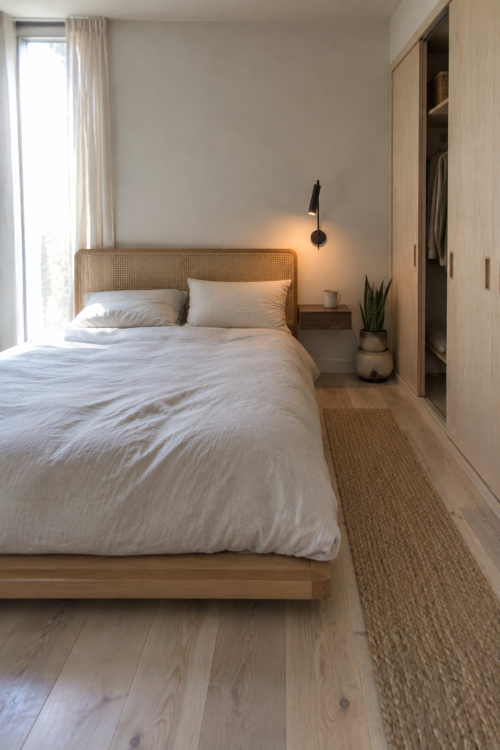 A minimalist bedroom with a low wooden platform bed dressed in white linens, a woven cane headboard, a floating nightstand, and a tall light wood wardrobe along one wall.