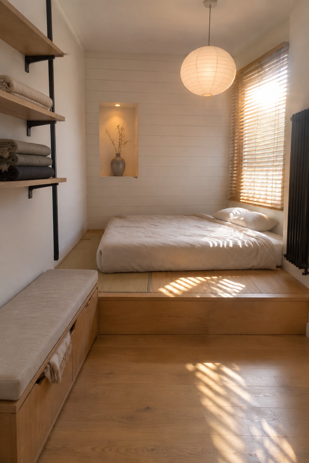 A minimalist bedroom featuring a low platform bed on a raised wooden base with tatami mats, a beige storage bench at the foot, floating wooden shelves on the left wall, and a recessed wall niche holding a vase with branches.