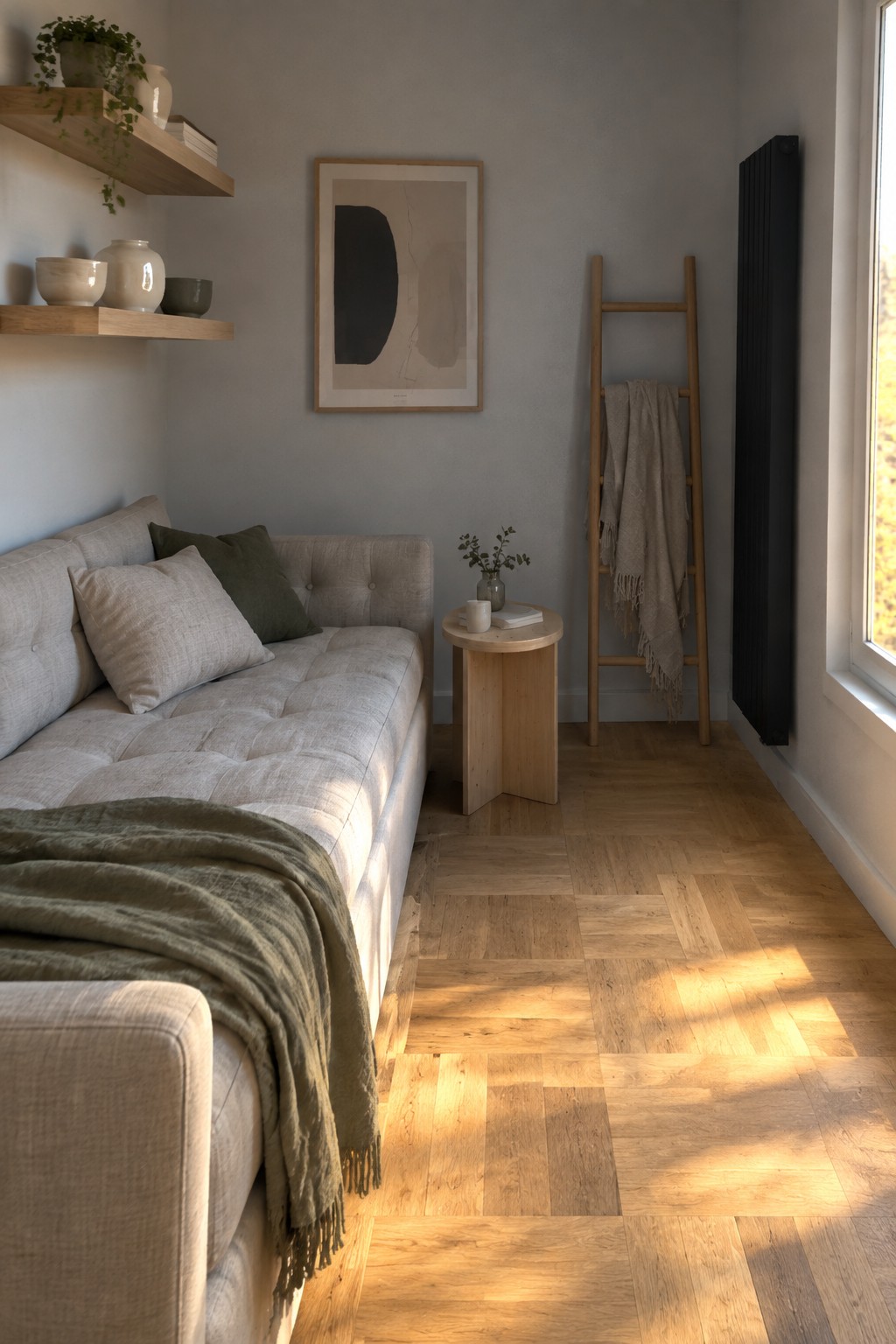 Minimalist room with beige sofa, wooden shelves, abstract art, ladder, and sunlit herringbone floor.
