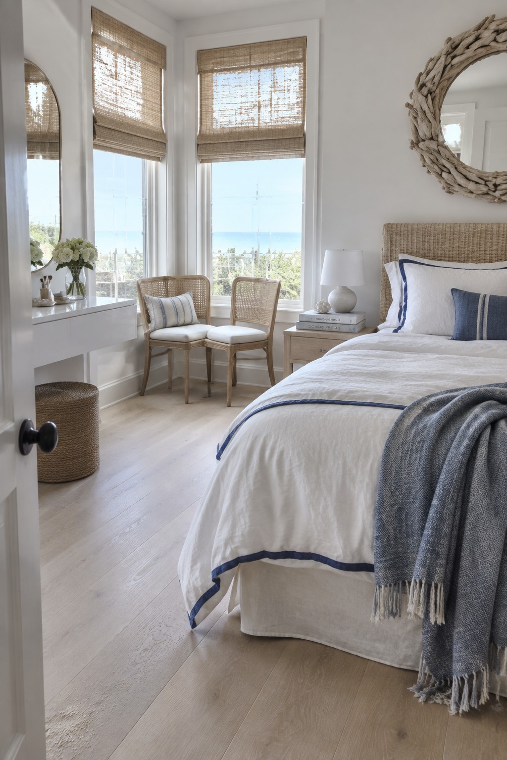 A bedroom with a woven rattan headboard bed in white and blue linens, light wood nightstand, two cane-back chairs, and large windows with woven shades.