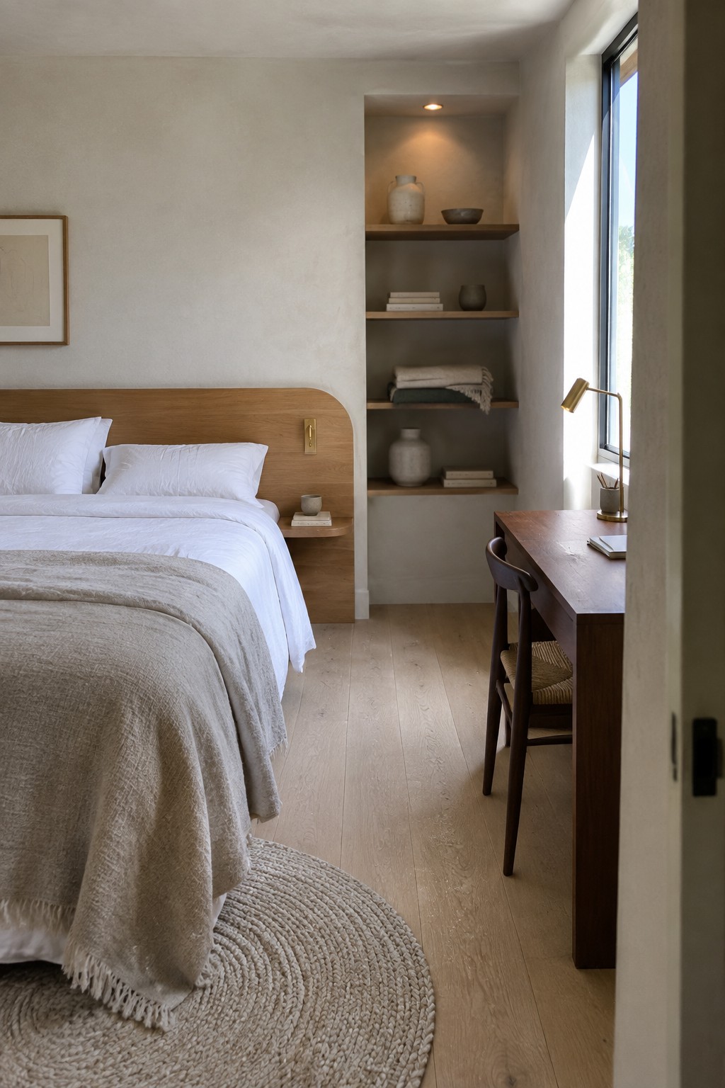 A bedroom with a wooden bed and white bedding, a round woven rug on light wood flooring, built-in wooden shelves in a recessed wall niche, and a wooden desk with a chair beside a window.